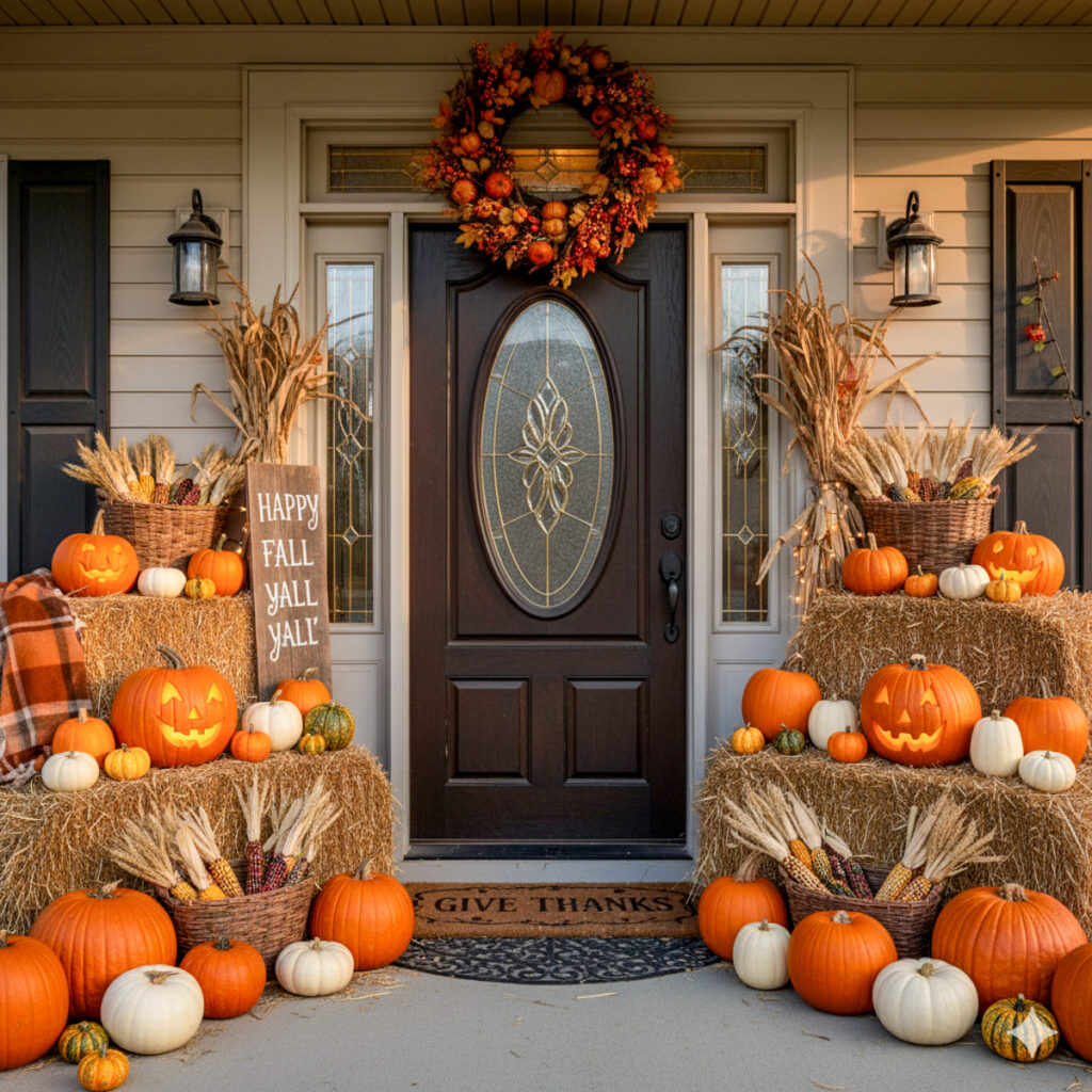Pumpkin delivery service styled porch with hay bales, mums, and stacked pumpkins in front of a decorated fall door
